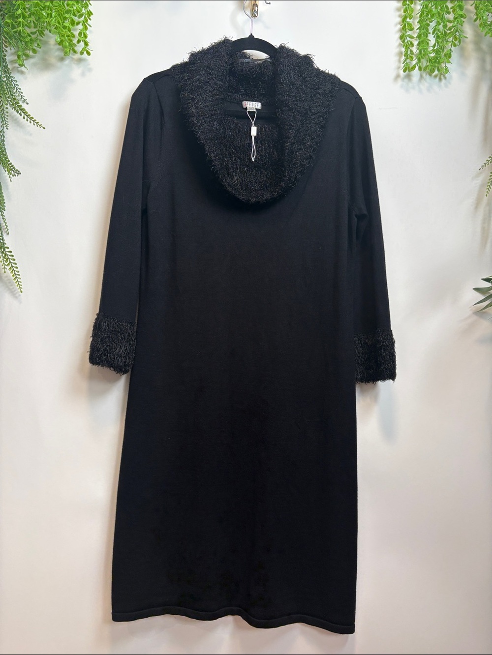 Spense Black Long Sleeve Knit Dress with Faux Fur Trim
